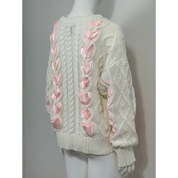 Women’s Ivory Chunky Cable Knit Sweater Pink Ribbon Bow Oversized Himekaji L - Image 6
