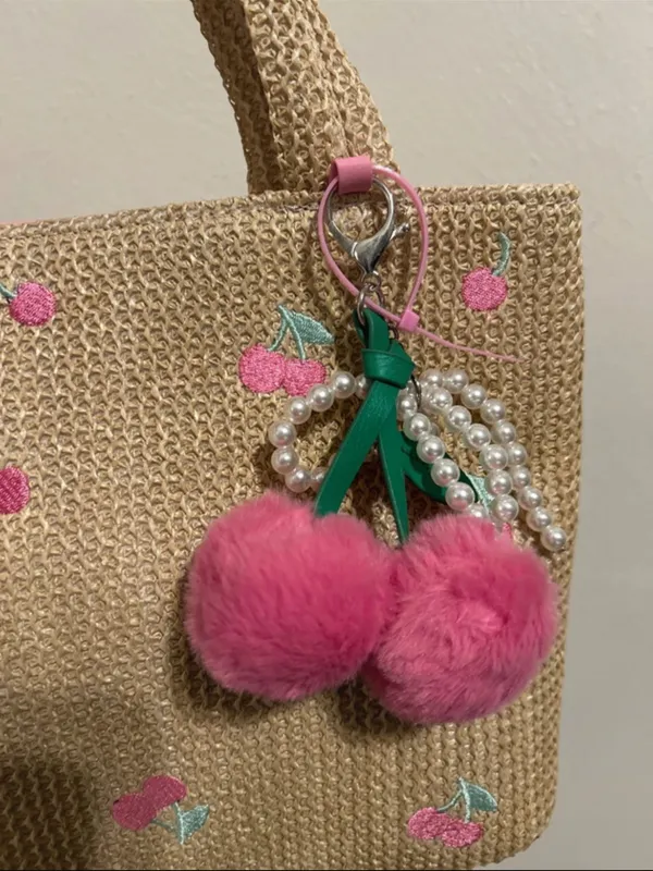 NWT Straw Tote Bag with Pink Cherry Embroidery and removable bag charm - Image 2