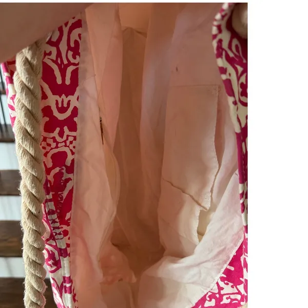 Donna Dixon Pink White Damask Canvas Rope Tote Bag Beach Resort Boho 18x18 - Image 4