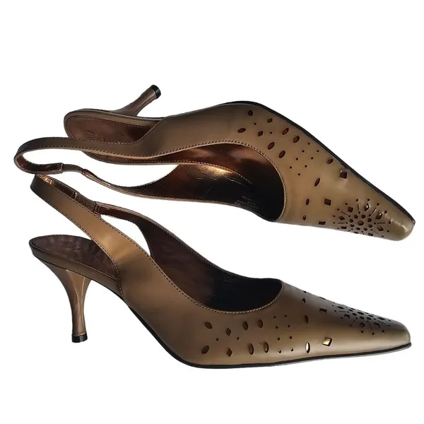 Etienne Aigner NWOB Tan Bronze Laser Cut Sling‎ Back Pumps Stilettos Women's 8 - Image 3