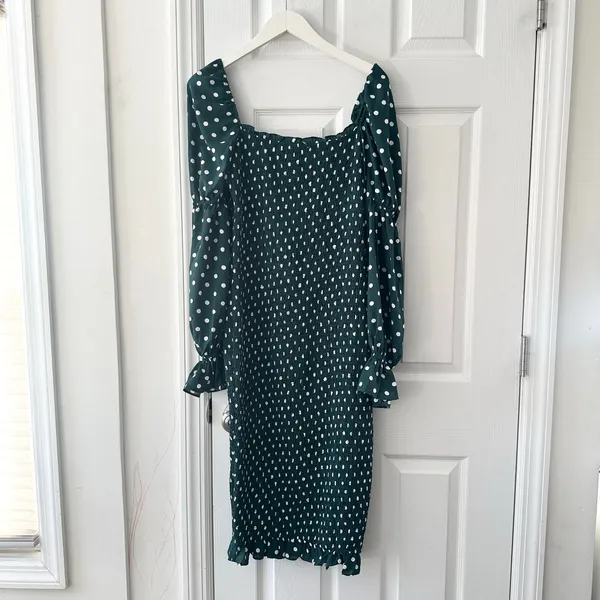 Petal & Pup Green White Polka Dot Smocked Bodycon Midi Dress Puff Sleeve US 10 - Image 6