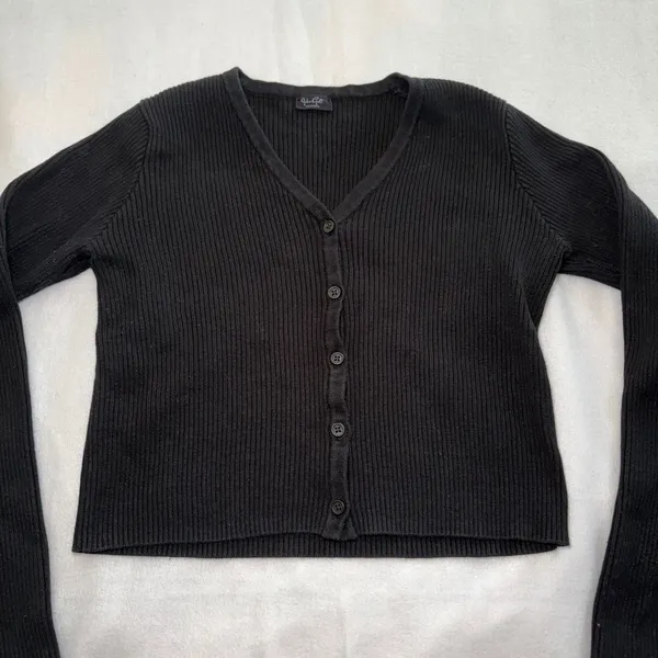 John Galt Brandy Melville Black Ribbed Button Front V-Neck Cardigan Cropped OS - Image 3