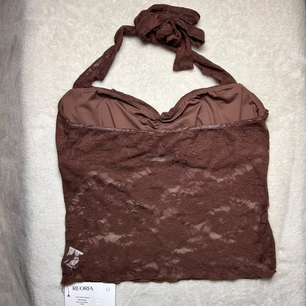 REORIA Chocolate Brown Lace Halter Crop Top Women’s Large Y2K Sweetheart Neck - Image 3