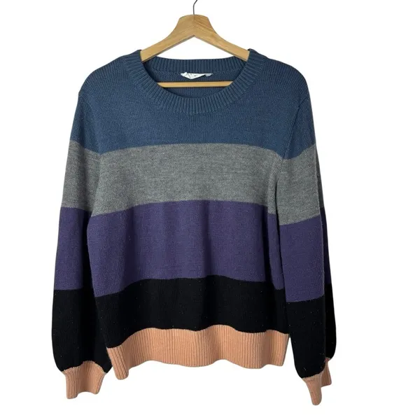 Boutique Elodie Blue &‎ Purple Stripe Colorblock Crewneck Sweater L - Image 2