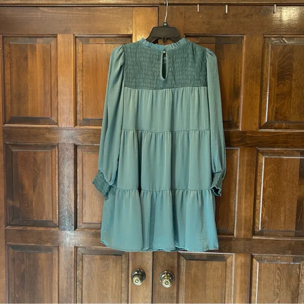 THML NWT Teal Smocked Tiered Mini Dress Long Sleeve‎ Boho Seafoam Size Small - Image 6