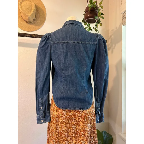 Express Blue Cotton Denim Puffed Long Sleeve Button Front Blouse Size XS - Image 5