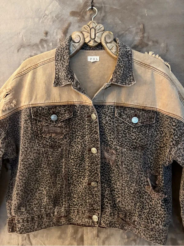 POL Two-Tone Leopard Print Denim Jacket in Brown/Tan Women’s Size L - Image 9