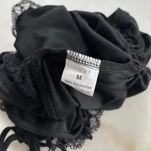 Y2K Black Ribbed Lace Trim Top Ruched Side Drawstring Size Medium - Image 4