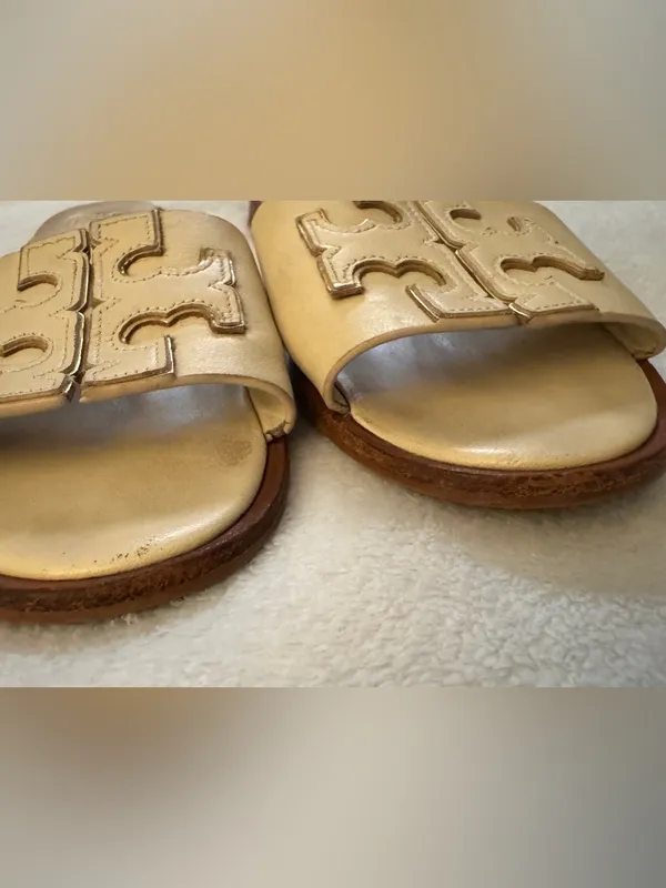 Tory Burch Cream Leather Logo Slide Sandals with Brown Trim size 5.5 - Image 7