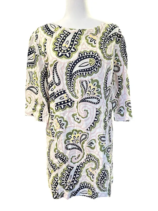 Boden Laurie Linen Paisley Print Coastal Boatneck Dress White Green Pink 8P - Image 5