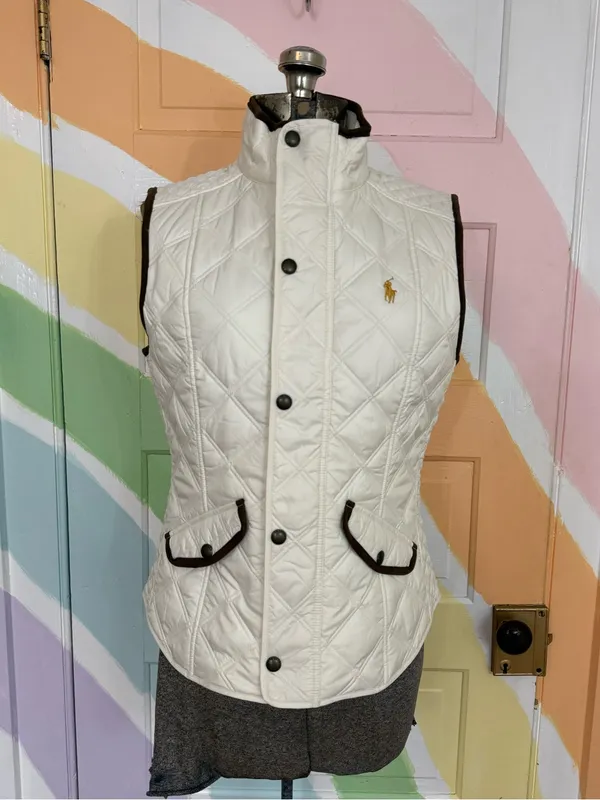 Polo Ralph Lauren White Quilted Sleeveless Stand Collar Preppy Vest Sz S 🧡🍄 - Image 4