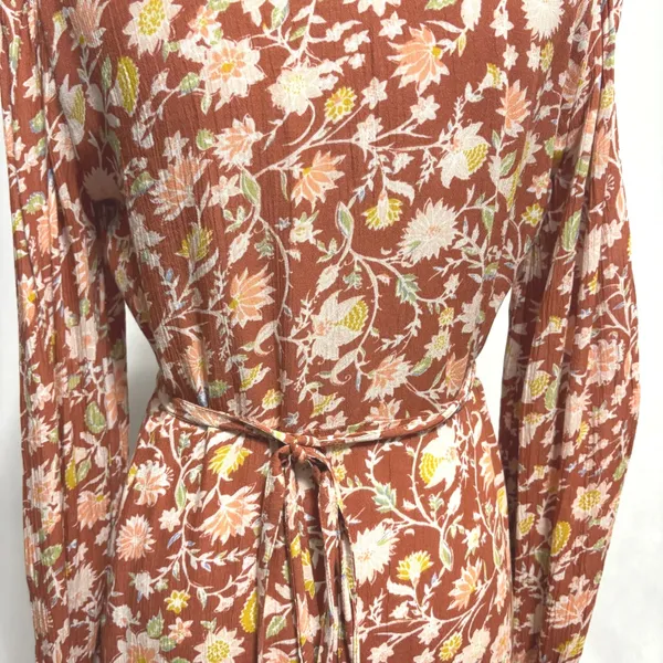 Billabong Wrap Dress Red Clay Crinkle Floral Blouson Sleeve Boho Cottage Party M - Image 6