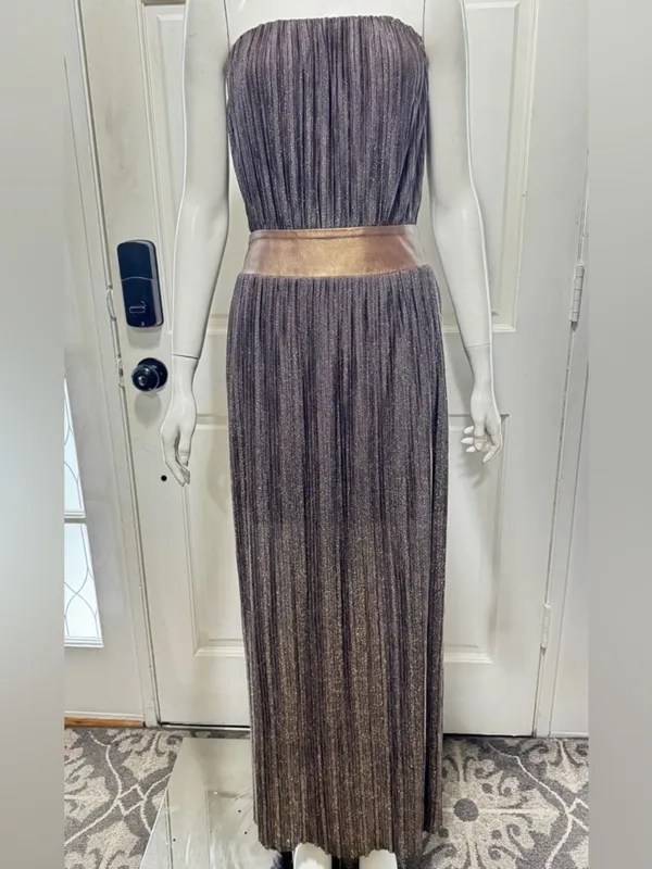 Dress the Population TUBE Metallic Brown Pleated Maxi Dress Wide Belt Sz M C-27 - Image 2