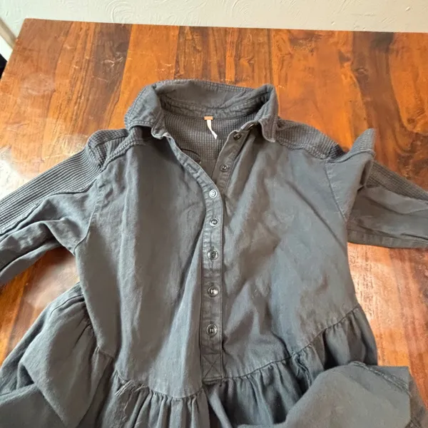 Free People Charcoal Grey Waffle Knit Mixed Media Babydoll Tunic Top Small - Image 2
