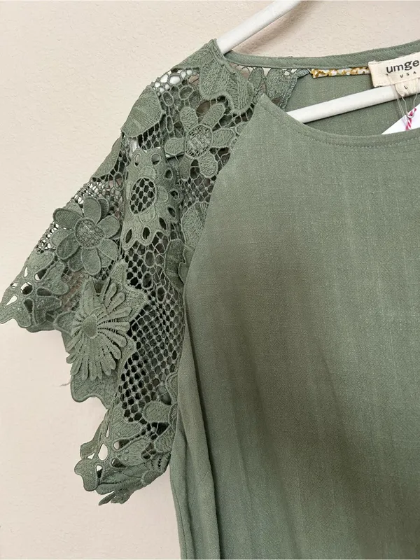 Umgee 3D Floral Lace Sleeve Olive Green Linen Cotton Short Sleeve Top - Image 3