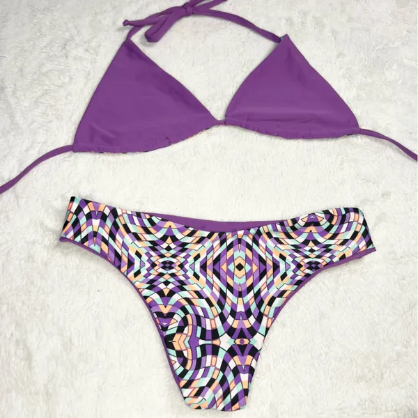 Trippy Purple Geometric Print Triangle Bikini Set Size Small Beach Rave Festival - Image 7