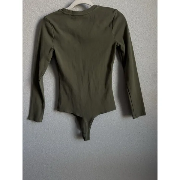 Nuuds Long Sleeve Cotton Jersey Crew Neck Thong Style Bodysuit Dark Olive Size M - Image 7