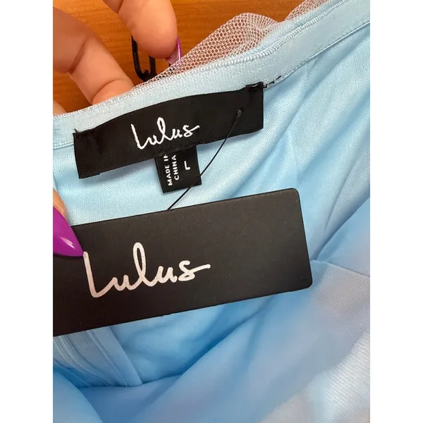 NWT Lulus Delightful Beauty Blue Mesh Strapless Ruched Ruffled Maxi Dress Sz L - Image 8