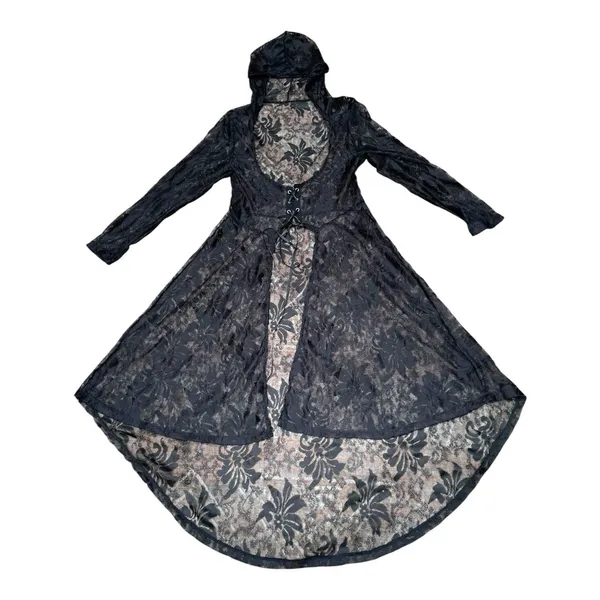 Whimsigoth Witchy Goth Hooded Sheer Lace Maxi Duster Cardigan Black Victorian M - Image 5