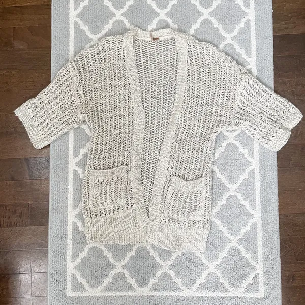 Free People marble tan crochet knit open cardigan quarter sleeve sweater - Image 2