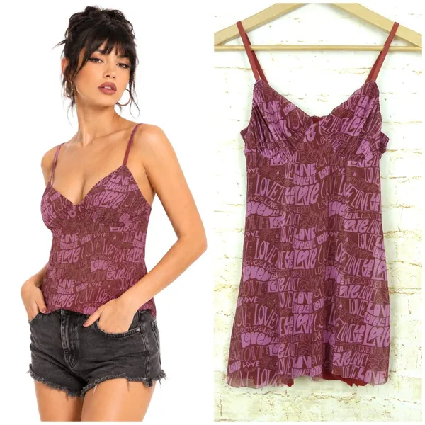 Urban Outfitters Love Mesh Tank Top Women S Pink Brown Sheer Cami Cut Hem Y2K - Image 2