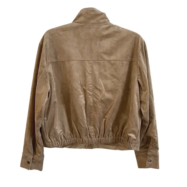 Zara Faux Suede Bomber Jacket Women Large Tan Minimalist Elastic Hem Snap Front - Image 7