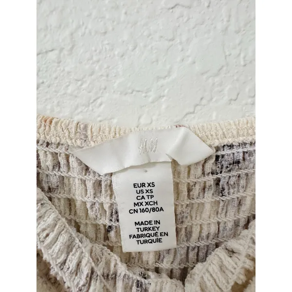 H&M Floral Smocked Puff Sleeve Mini Dress Cream XS - Image 4