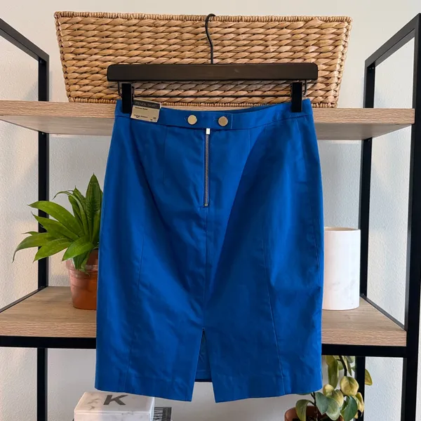 NWT Express Cotton Sateen Cobalt Blue Woven Natural Waist Pencil Skirt, 00 - Image 4