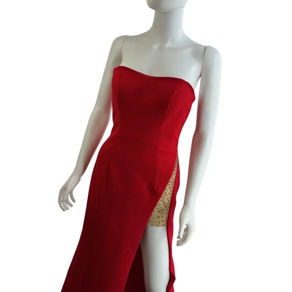 Sherri‎ Hill Red Strapless High Slit Rhinestone Mesh Formal Gown Dress Size 6 - Image 5