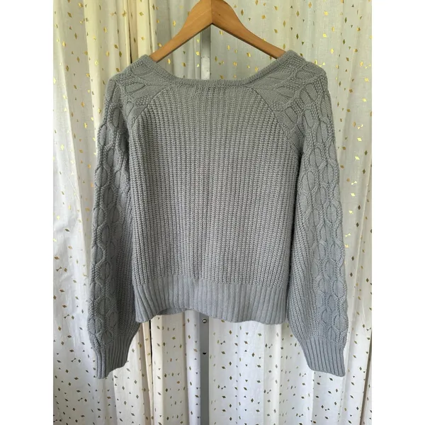 Ally Mae Gray Cable Knit Rib Stitch Button Down Balloon Long Sleeve Cardigan L - Image 4