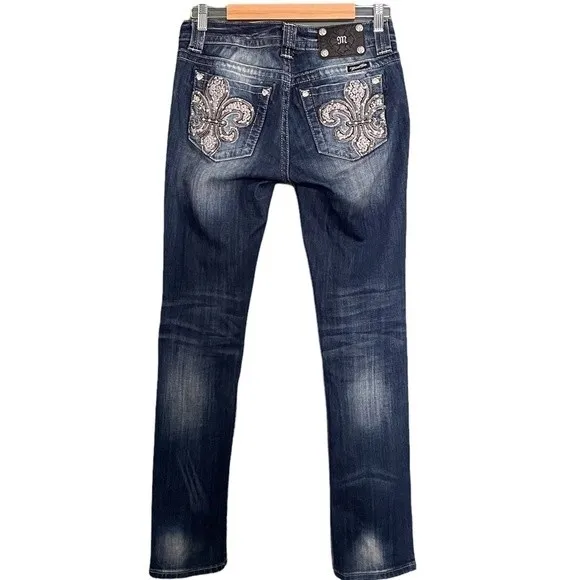 Miss Me Jeans FDL Easy Straight Dark Wash Rhinestone Bling Pockets Size 26 | 2 - Image 4