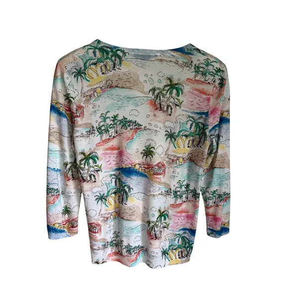 Talbots Petite Tropical Scenic Print Cardigan Sweater SP Coastal Resort - Image 2