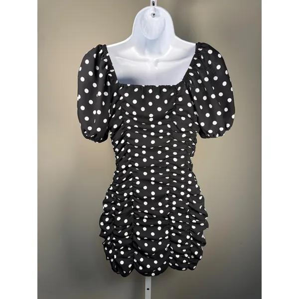 Zara Ruched‎ Polka Dot Puff Sleeve Mini Dress Cottagecore Size S - Image 5