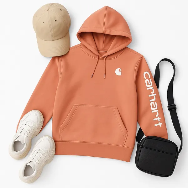 Carhartt Rose Clay Logo Sleeve Hoodie XS Relaxed Fit Pullover Sweatshirt Top EUC - Image 10