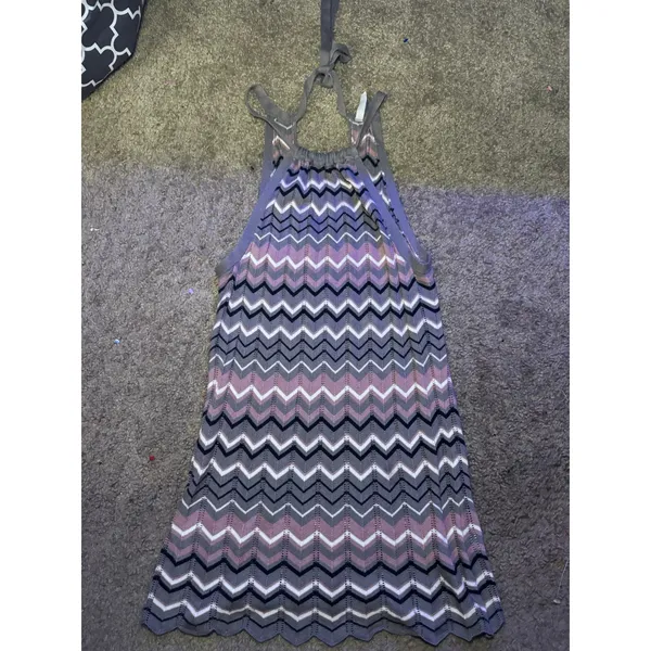 Old Navy Halter Neck Chevron Knit‎ Mini Dress Grey Pink Zig Zag Scalloped Hem Sleeveless - Image 3