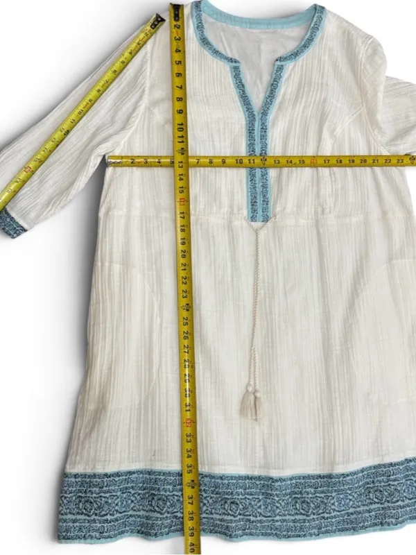 J Jill Gauzy Lined Ivory Dress XL Boho Drawstring Waist Blue Trim Pockets - Image 10