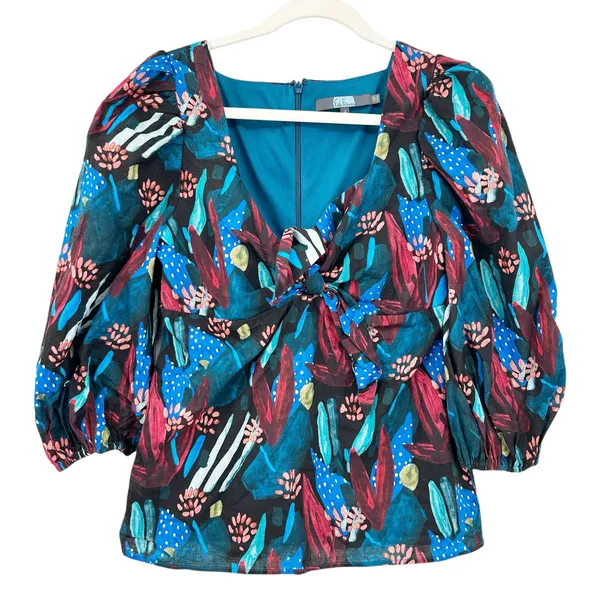 Eva Franco Tropical Sweetheart Tie‎ Front Puff Sleeve Blouse 4 Midnight Jungle - Image 4