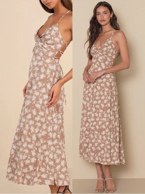 Lulus Picturesque Moments Brown Floral Print Strappy Maxi Dress xs - Image 4