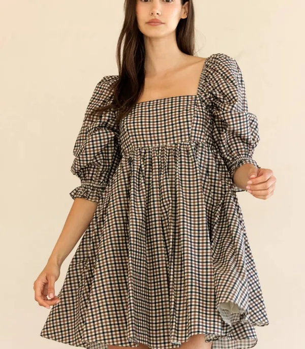 Gingham Puff Sleeve Mini Dress Brown Size M - Image 3