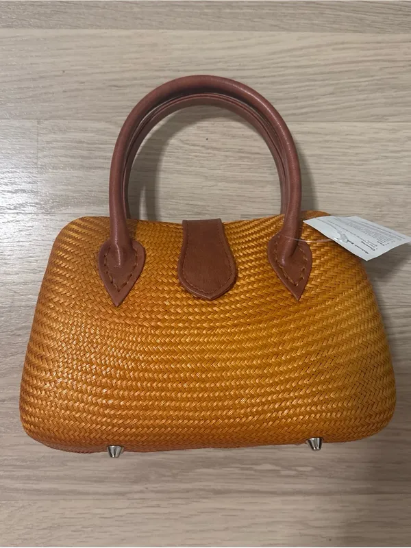 Woven Mini Satchel Handbag in Golden Brown - Image 4