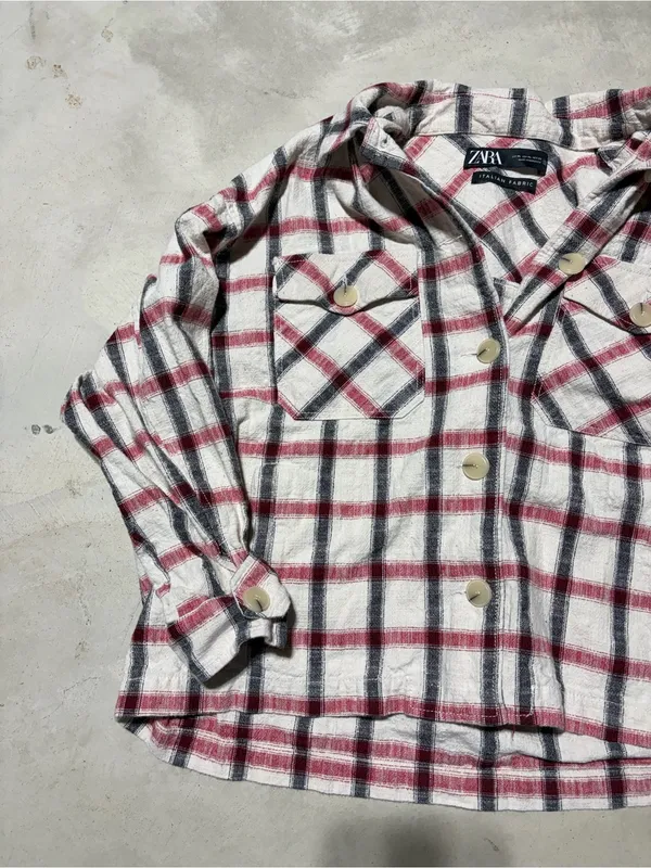 ZARA Plaid Button-Up Shirt Jacket - Cream, Red & Black Italian fabric XL - Image 2