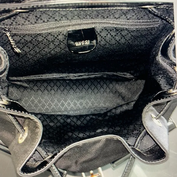 GUCCI Vintage Bamboo Patent Leather/Canvas Backpack Black with Dust Bag - Image 4