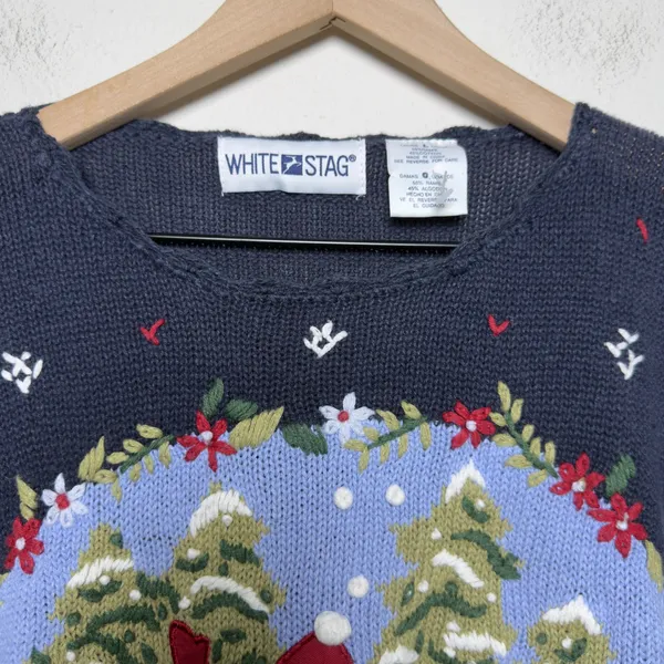 White Stag Women Christmas Holiday Ramie Cotton Sweater Blue Ice Skating Bear Crochet - Image 3
