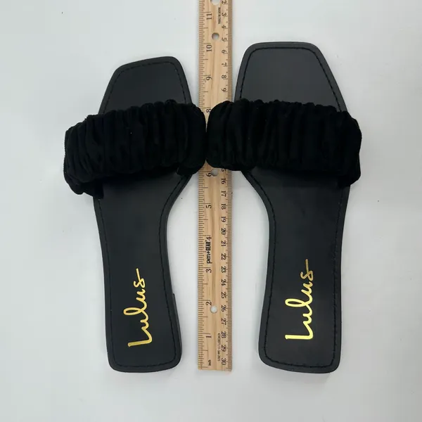 Lulus Sandals Womens 6.5 Black Ruched/Scrunch Strap Slide Square-Toe Casual Flat - Image 4