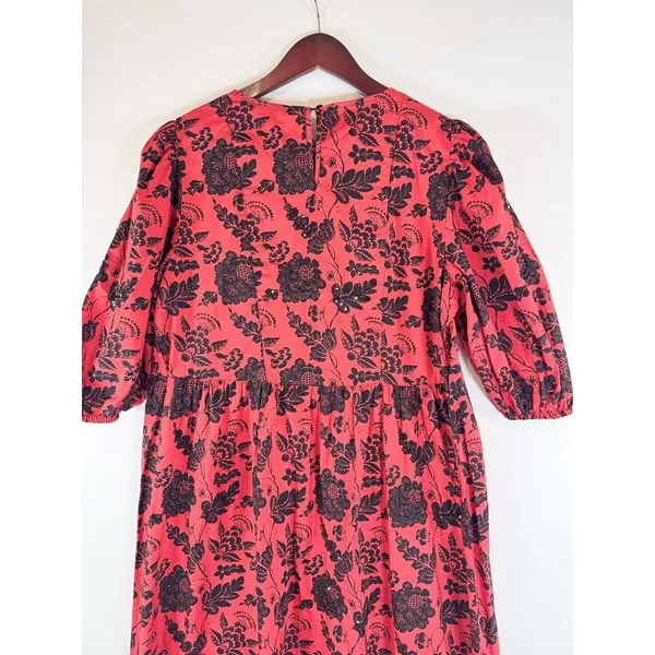 ZARA Womens Dress Red Midi Floral Shift Sequin Tiered 3/4 Sleeve Boho Medium - Image 10