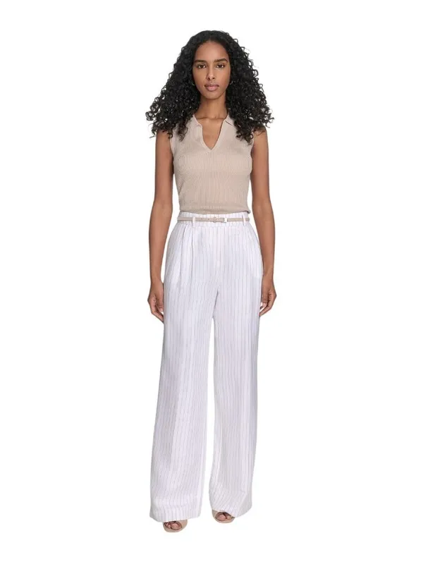 NEW Calvin Klein Pinstriped Pleated Linen Blend Lined Pants White / Khaki 16 - Image 12