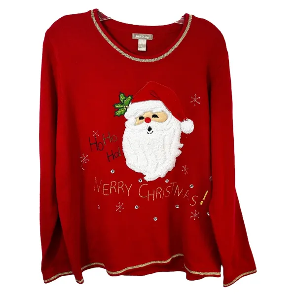 White Stag XL Christmas Sweater‎ Santa Embroidered Merry Red Gold Ugly 1107 - Image 2