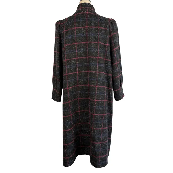 Vintage Plaid Maxi Coat Wool Blend Mock Neck Pink Blue Gray Womens Large‎ Mexico - Image 5