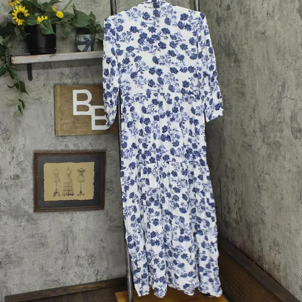 NWT Ny Collection 3/4 Sleeve Crinkle Tiered Maxi Dress White Navy Floral PS - Image 3