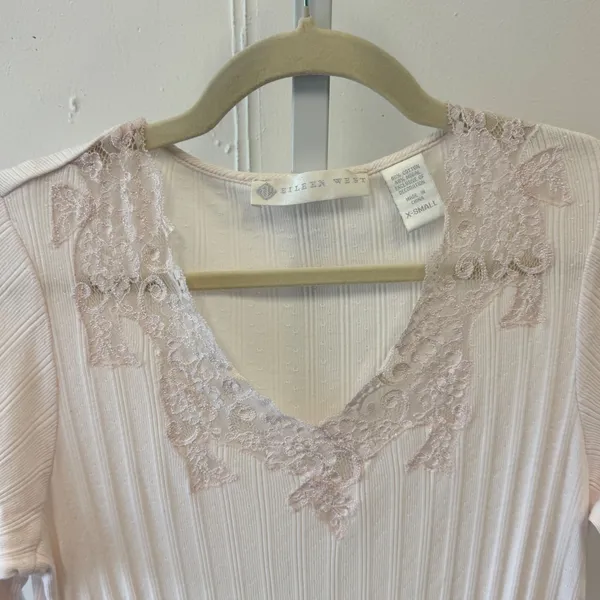 Eileen West Pink Lace Trim Ribbed Nightgown Long Sleeve Sleep Dress XS Vintage - Image 5